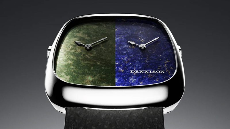 Dennison ALD Dual Time watch with slim case, twin displays, and bold stone dial designs inspired by 1970s retro style.
