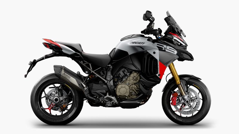 Ducati Multistrada V4 RS is a high-performance adventure motorcycle in striking Ducati Corse livery, featuring aerodynamic design, powerful V4 engine, and advanced touring technology.