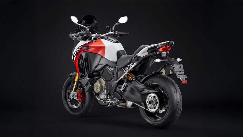 Ducati Multistrada V4 RS is a high-performance adventure motorcycle in striking Ducati Corse livery, featuring aerodynamic design, powerful V4 engine, and advanced touring technology.