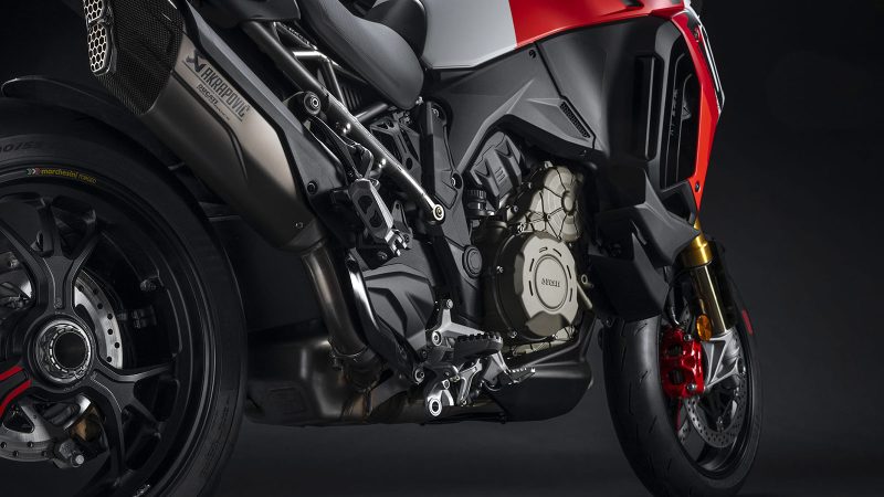 Ducati Multistrada V4 RS is a high-performance adventure motorcycle in striking Ducati Corse livery, featuring aerodynamic design, powerful V4 engine, and advanced touring technology.