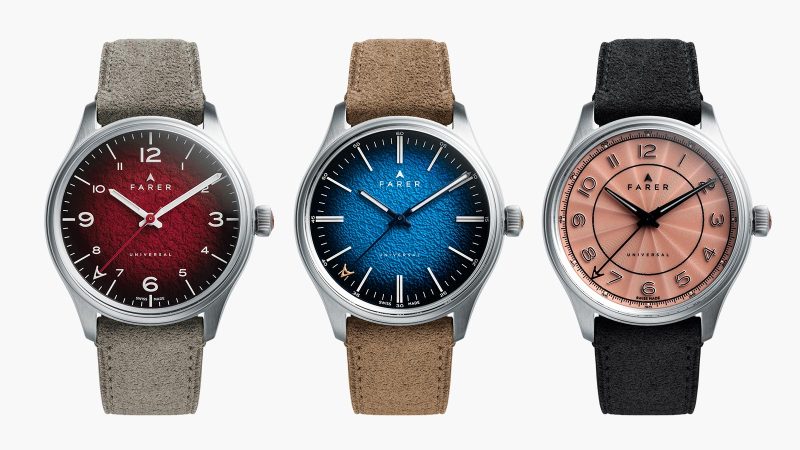 Farer Three Hand Series III watch featuring bold textured dials, 316L stainless steel case, La Joux-Perret G101 movement, and 100m water resistance.