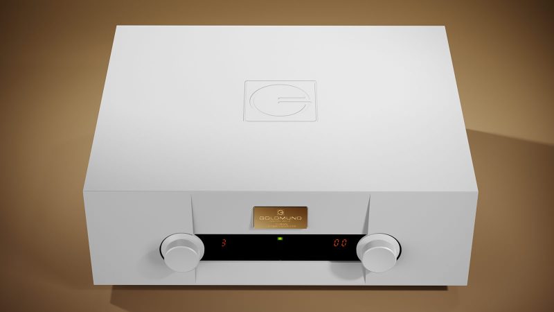 Goldmund TELOS 670 Integrated Stereo Amplifier in grey aluminum finish, showcasing precision-machined chassis and minimalist high-end audio design.