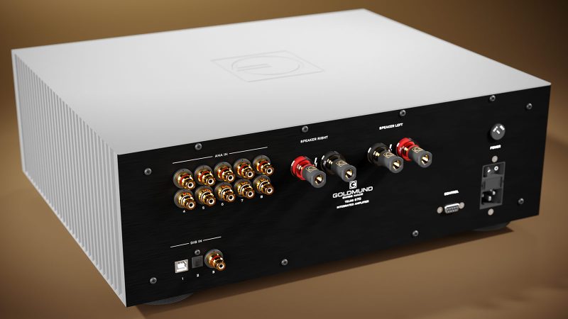 Goldmund TELOS 670 Integrated Stereo Amplifier in grey aluminum finish, showcasing precision-machined chassis and minimalist high-end audio design.