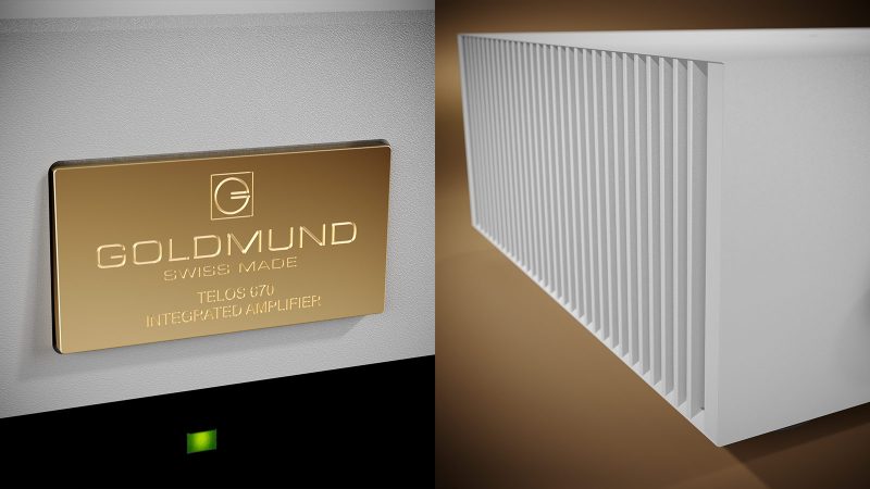 Goldmund TELOS 670 Integrated Stereo Amplifier in grey aluminum finish, showcasing precision-machined chassis and minimalist high-end audio design.