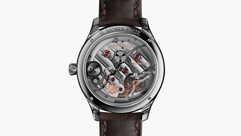 H. Moser & Cie Endeavour Perpetual Calendar Smoked Salmon with smoked salmon griffé dial, white gold case, and hand-wound HMC 800 caliber.