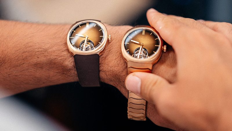 H. Moser & Cie. Streamliner Tourbillon Pierre Gasly watch with chocolate fumé dial, red gold case, and exclusive racing-inspired design.