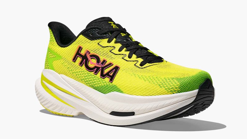 The HOKA Mach X 3 running shoe showcases its sleek design, lightweight build, and performance-ready cushioning.