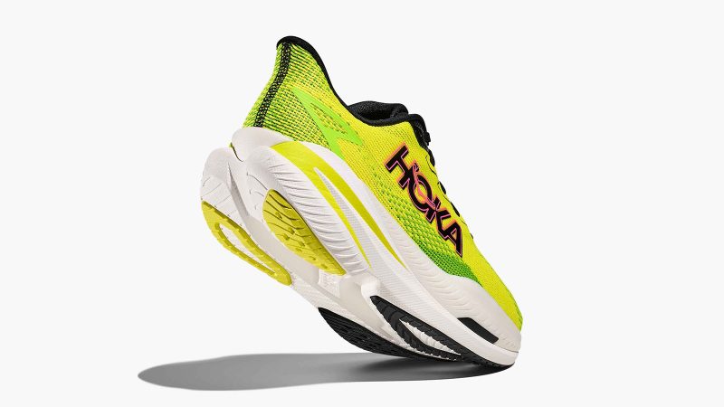 The HOKA Mach X 3 running shoe showcases its sleek design, lightweight build, and performance-ready cushioning.