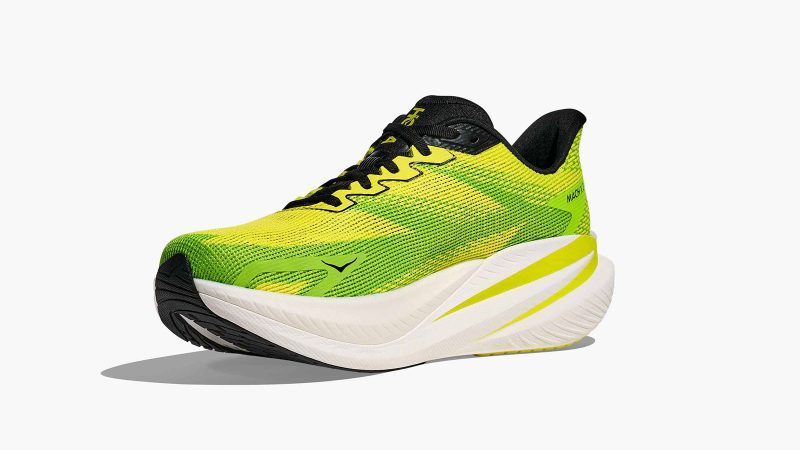 The HOKA Mach X 3 running shoe showcases its sleek design, lightweight build, and performance-ready cushioning.