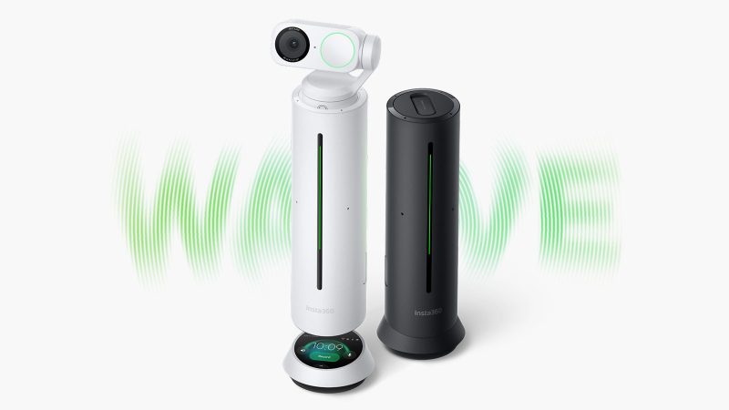 Insta360 Wave AI-powered speakerphone with 8-mic 3D array, smart transcription, adaptive beamforming, and sleek touchscreen interface.