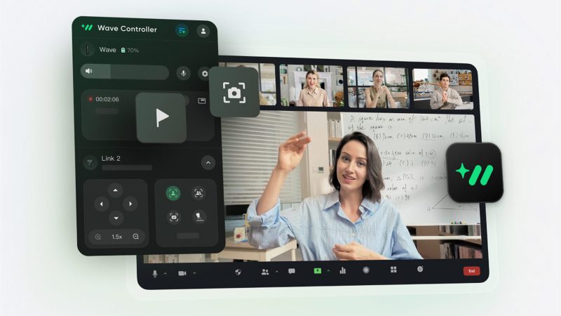 Insta360 Wave AI-powered speakerphone with 8-mic 3D array, smart transcription, adaptive beamforming, and sleek touchscreen interface.