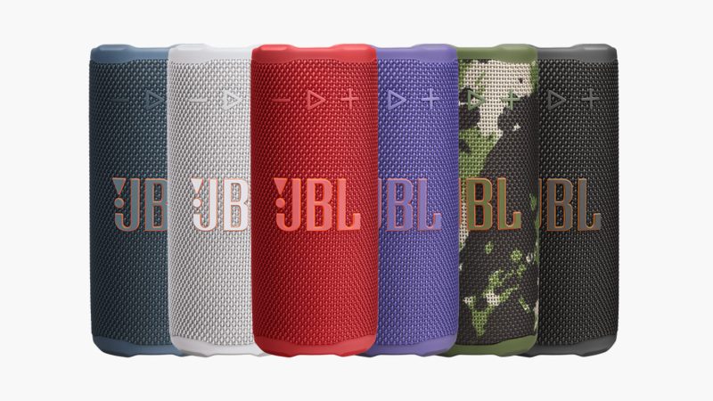 JBL Grip portable Bluetooth speaker with Pro Sound, 12-hour battery life, IP68 waterproofing, and customizable lighting in six bold colorways.