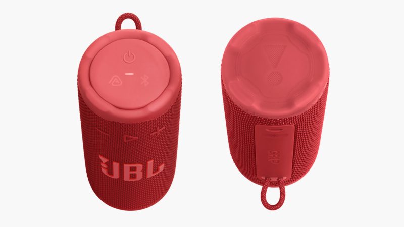 JBL Grip portable Bluetooth speaker with Pro Sound, 12-hour battery life, IP68 waterproofing, and customizable lighting in six bold colorways.