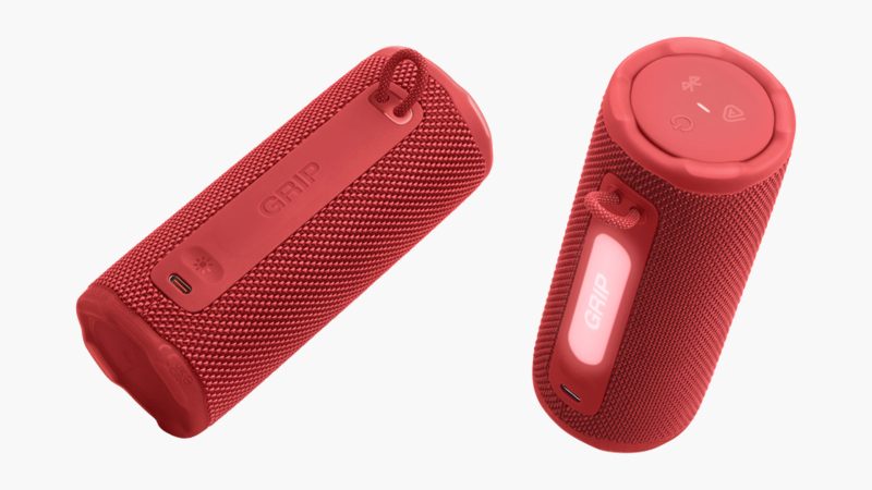 JBL Grip portable Bluetooth speaker with Pro Sound, 12-hour battery life, IP68 waterproofing, and customizable lighting in six bold colorways.