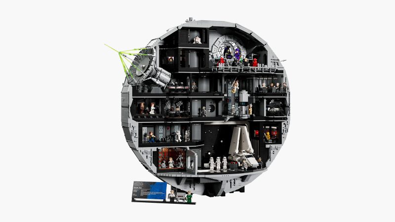LEGO Star Wars Death Star UCS set with 9,023 pieces, 38 minifigures, and a detailed diorama recreating iconic A New Hope scenes in collectible scale.
