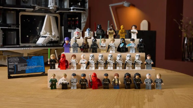 LEGO Star Wars Death Star UCS set with 9,023 pieces, 38 minifigures, and a detailed diorama recreating iconic A New Hope scenes in collectible scale.
