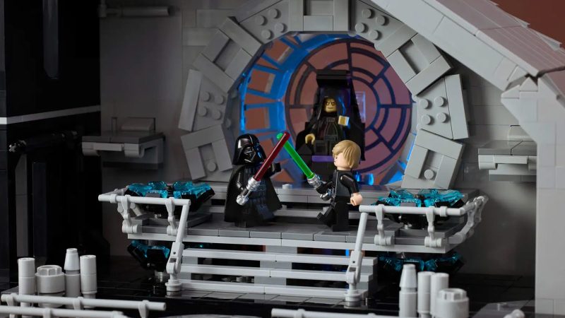 LEGO Star Wars Death Star UCS set with 9,023 pieces, 38 minifigures, and a detailed diorama recreating iconic A New Hope scenes in collectible scale.