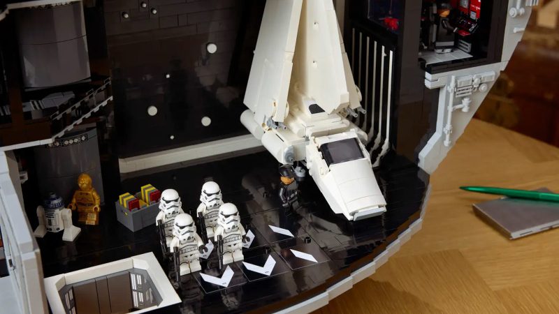 LEGO Star Wars Death Star UCS set with 9,023 pieces, 38 minifigures, and a detailed diorama recreating iconic A New Hope scenes in collectible scale.