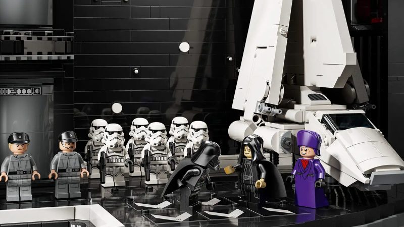 LEGO Star Wars Death Star UCS set with 9,023 pieces, 38 minifigures, and a detailed diorama recreating iconic A New Hope scenes in collectible scale.