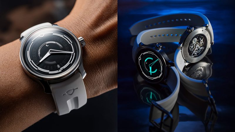 The MING 37.05 Lunatic watch has a sapphire dial, a luminous moonphase, a stainless steel 38mm case, and a white FKM rubber strap.