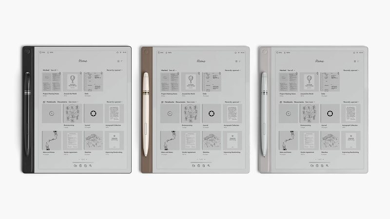 Montblanc Digital Paper luxury writing tablet with aluminum body, leather sidebar, and Meisterstück-inspired pen in Mystery Black, Cool Grey, and Elixir Gold.