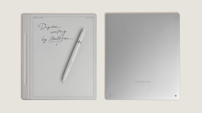 Montblanc Digital Paper luxury writing tablet with aluminum body, leather sidebar, and Meisterstück-inspired pen in Mystery Black, Cool Grey, and Elixir Gold.