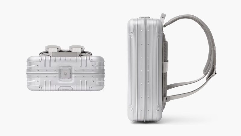 RIMOWA Original Backpack in silver anodized aluminum featuring a secure lock system, a laptop compartment, a removable pouch, and a suitcase sleeve.