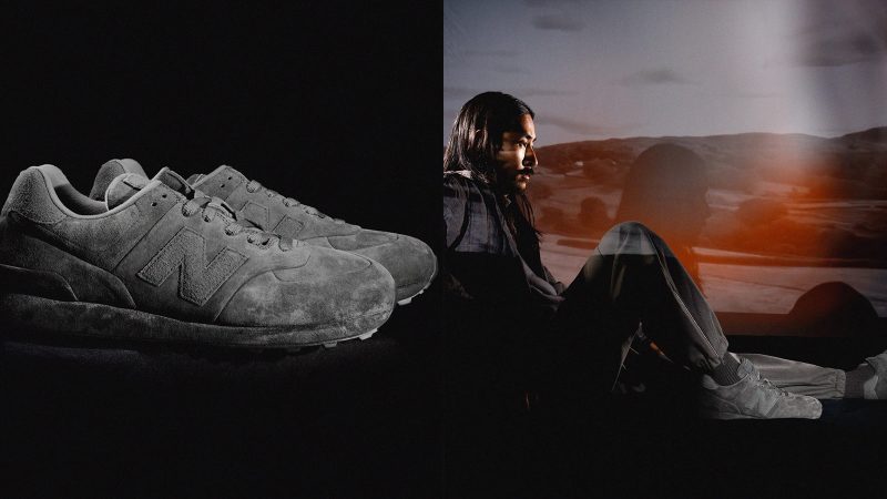 The Stone Island x New Balance 574 Ghost sneaker in stealth-inspired design with muted tones, premium materials, and bold urban streetwear styling.
