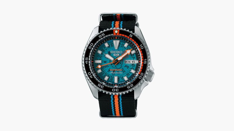 Seiko 5 Sports x Bamford Watch Department Limited Edition with luminous bezel and nylon strap, blending archival Seiko design with Bamford’s signature retro-futurist style.