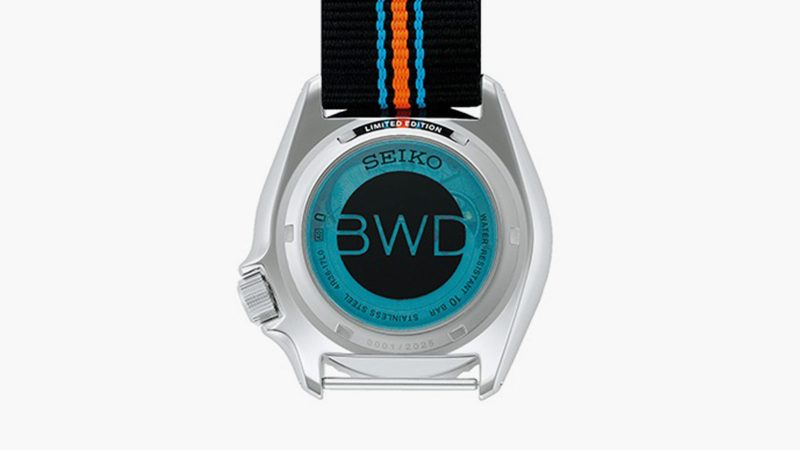 Seiko 5 Sports x Bamford Watch Department Limited Edition with luminous bezel and nylon strap, blending archival Seiko design with Bamford’s signature retro-futurist style.