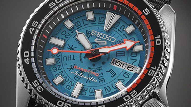 Seiko 5 Sports x Bamford Watch Department Limited Edition with luminous bezel and nylon strap, blending archival Seiko design with Bamford’s signature retro-futurist style.