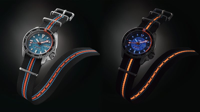 Seiko 5 Sports x Bamford Watch Department Limited Edition with luminous bezel and nylon strap, blending archival Seiko design with Bamford’s signature retro-futurist style.