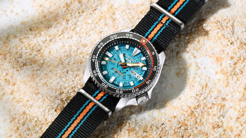 Seiko 5 Sports x Bamford Watch Department Limited Edition with luminous bezel and nylon strap, blending archival Seiko design with Bamford’s signature retro-futurist style.