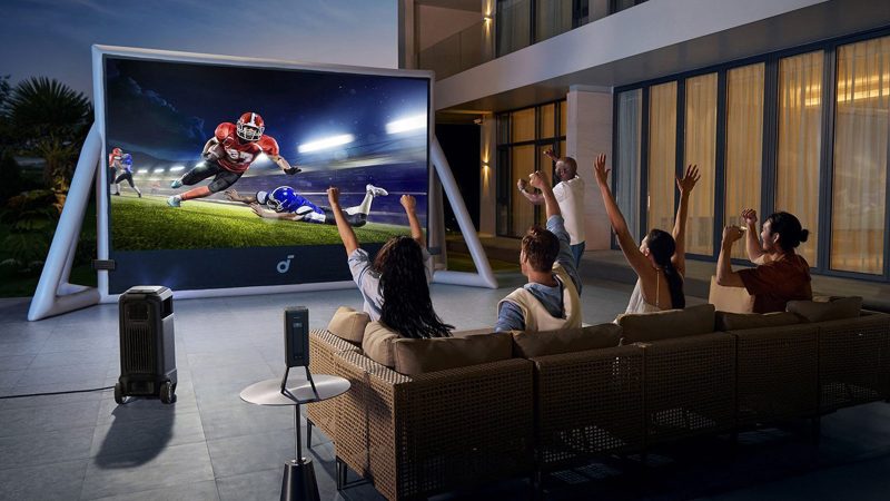 The Soundcore Nebula X1 Pro rolling projector features 4K visuals, Dolby Atmos surround sound, and detachable speakers, providing a portable cinema experience.