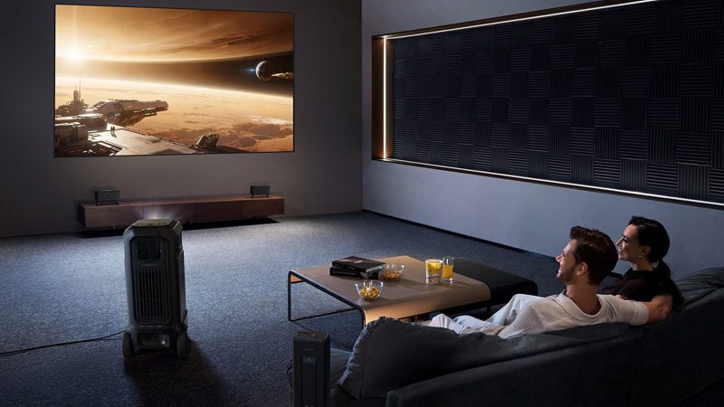 The Soundcore Nebula X1 Pro rolling projector features 4K visuals, Dolby Atmos surround sound, and detachable speakers, providing a portable cinema experience.
