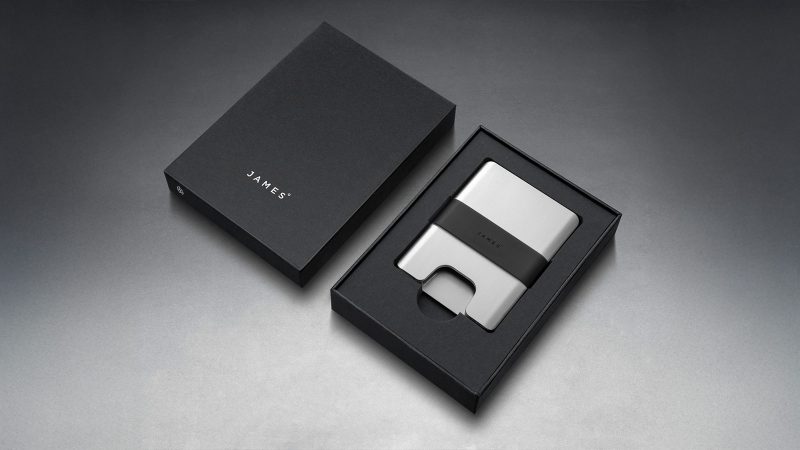 The James Brand Lowe minimalist CNC aluminum wallet features a silicone band, RFID protection, and an ultra-slim design for everyday carry.