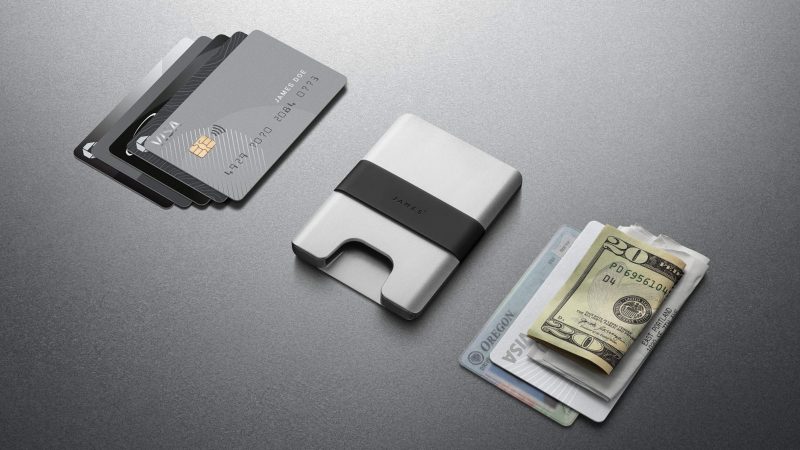 The James Brand Lowe minimalist CNC aluminum wallet features a silicone band, RFID protection, and an ultra-slim design for everyday carry.