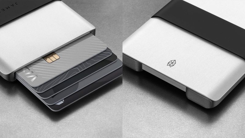 The James Brand Lowe minimalist CNC aluminum wallet features a silicone band, RFID protection, and an ultra-slim design for everyday carry.