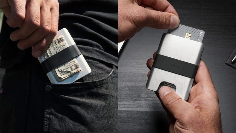 The James Brand Lowe minimalist CNC aluminum wallet features a silicone band, RFID protection, and an ultra-slim design for everyday carry.