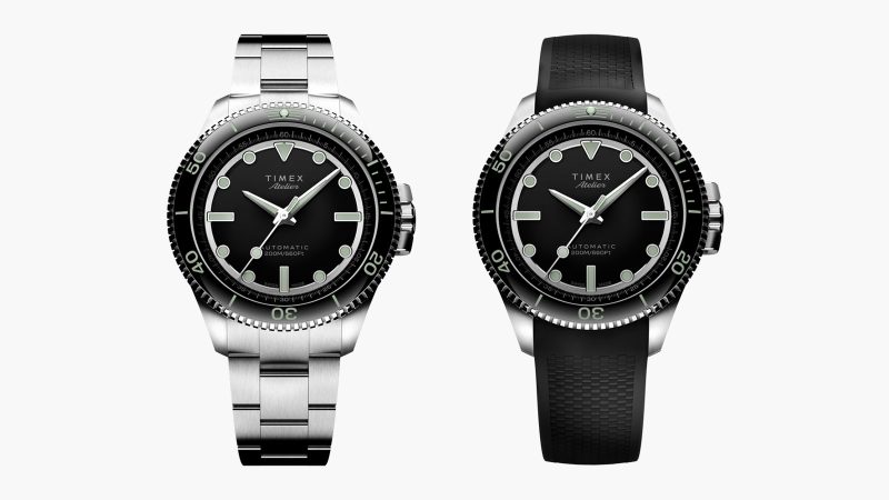 The Timex Atelier Marine M1a dive watch has a stainless steel skeletonized case, enamel dial, and 200m water resistance.