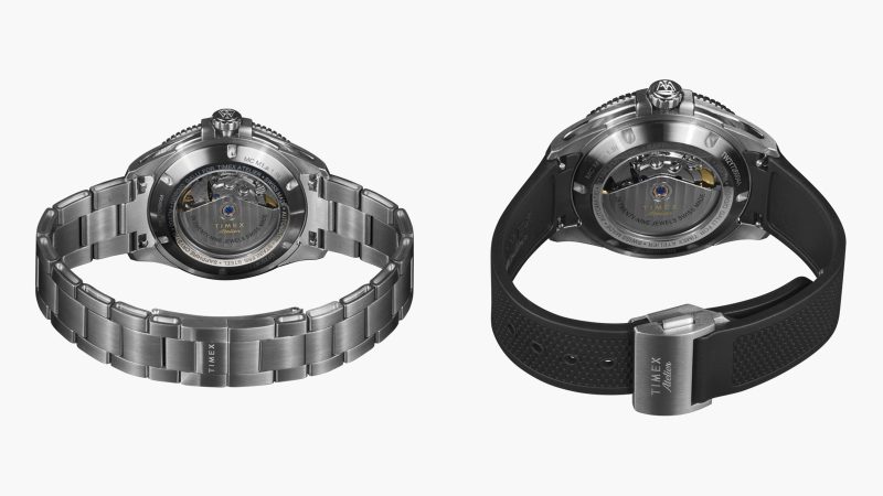 The Timex Atelier Marine M1a dive watch has a stainless steel skeletonized case, enamel dial, and 200m water resistance.