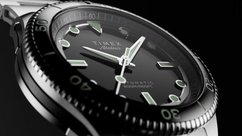 The Timex Atelier Marine M1a dive watch has a stainless steel skeletonized case, enamel dial, and 200m water resistance.