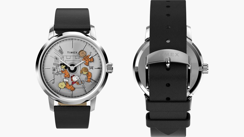 The Timex x Peanuts Marlin Automatic Space watch with Snoopy floating second hand, 40mm stainless-steel case, silver sunray dial, and eco-friendly leather strap.