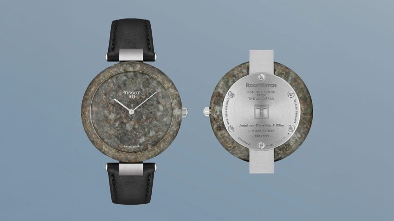 Tissot RockWatch 2025 limited edition with a granite case from Jungfrau peak, 38mm design, sapphire crystal, ETA quartz movement, and nickel-plated hands.