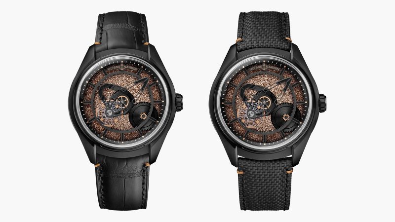 Ulysse Nardin Freak X Crystalium watch with black DLC titanium case, unique ruthenium crystal dial, and rose-gold accents on ballistic-textured strap.