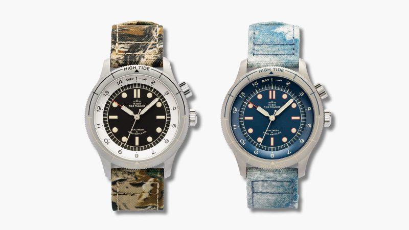 VERO x Realtree Tide Tracker automatic watch with 14-day tide tracking, Realtree camo design, stainless steel case, and 120m water resistance.