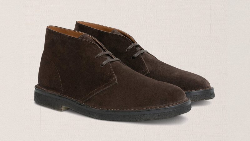 Velasca Umbrelèe Desert Boot in dark brown suede calf leather with para rubber sole, Rapid stitch construction, calf leather lining, handmade in Italy.