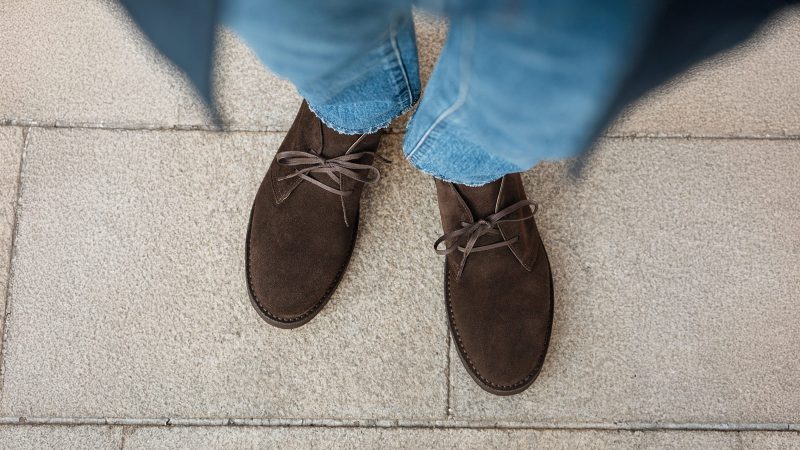 Velasca Umbrelèe Desert Boot in dark brown suede calf leather with para rubber sole, Rapid stitch construction, calf leather lining, handmade in Italy.