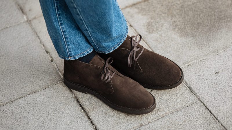 Velasca Umbrelèe Desert Boot in dark brown suede calf leather with para rubber sole, Rapid stitch construction, calf leather lining, handmade in Italy.