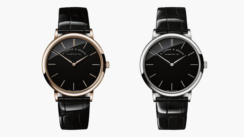 The A. Lange & Söhne Saxonia Thin Onyx Edition wristwatch showcases a black onyx dial in Honeygold and Platinum with a minimalist design and precision craftsmanship.